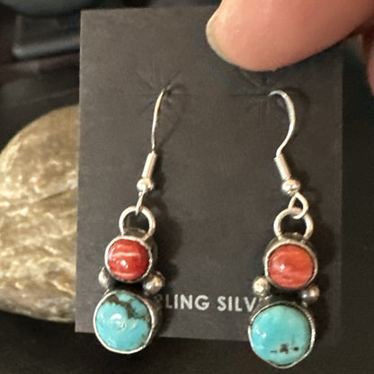 Handmade Blue Turquoise Red Coral Sterling Silver Navajo Dangle Earrings 18845