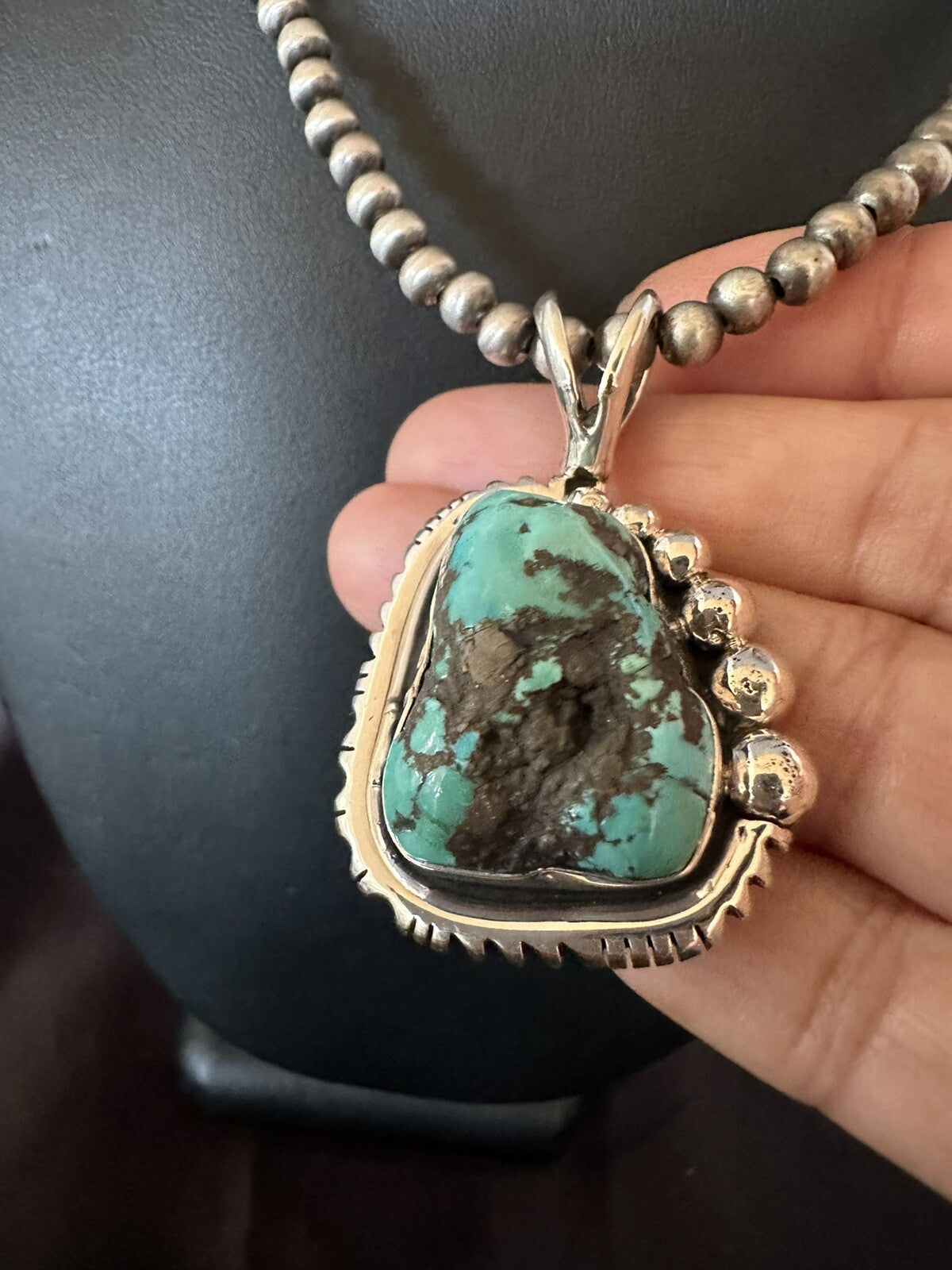 Rustic Blue Kingman Turquoise Pendant Navajo Sterling Silver Necklace 20" 18315