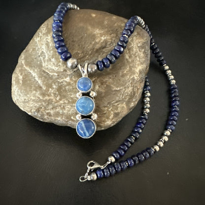 Handmade Blue Lapis Cluster Pendant NavajoSterling Silver Necklace 2" 19655
