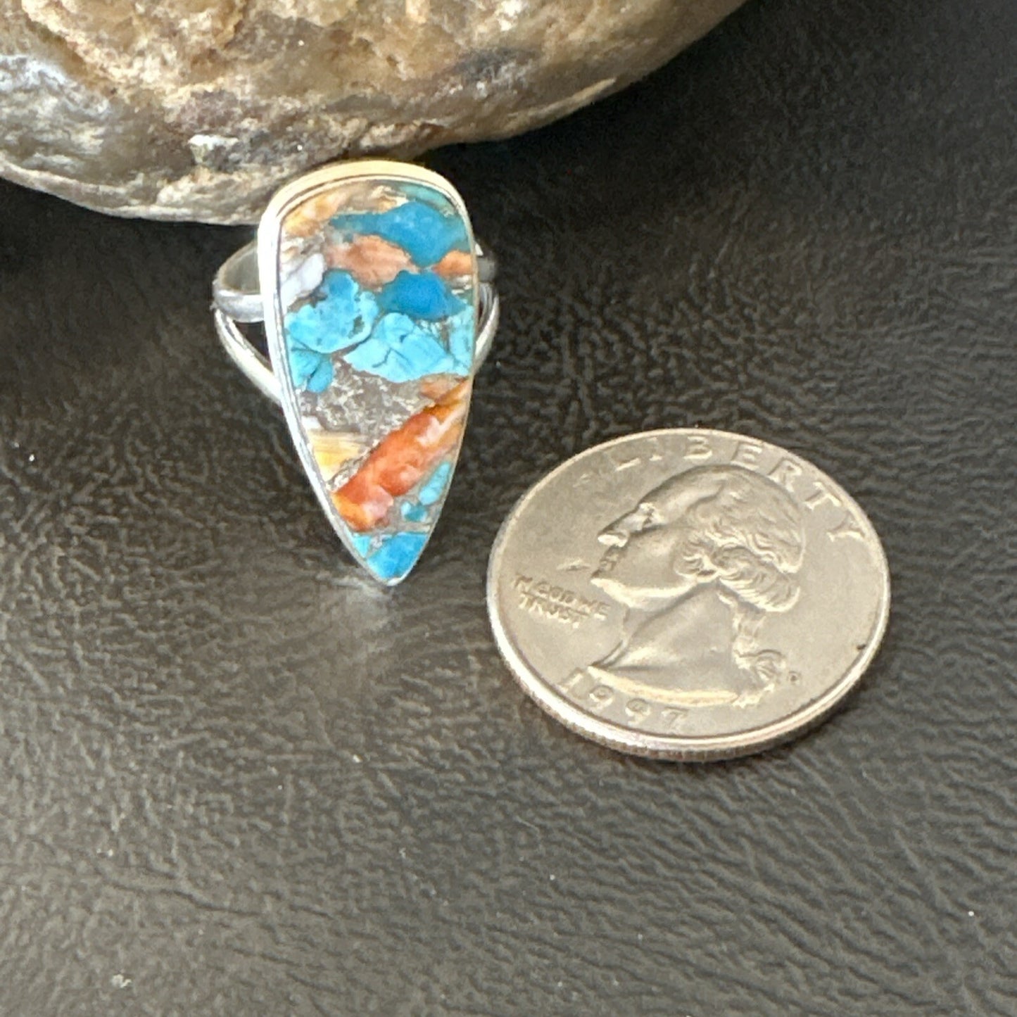 Blue Turquoise Spiny Oyster Southwestern Sterling Silver Ring Size 5 18501