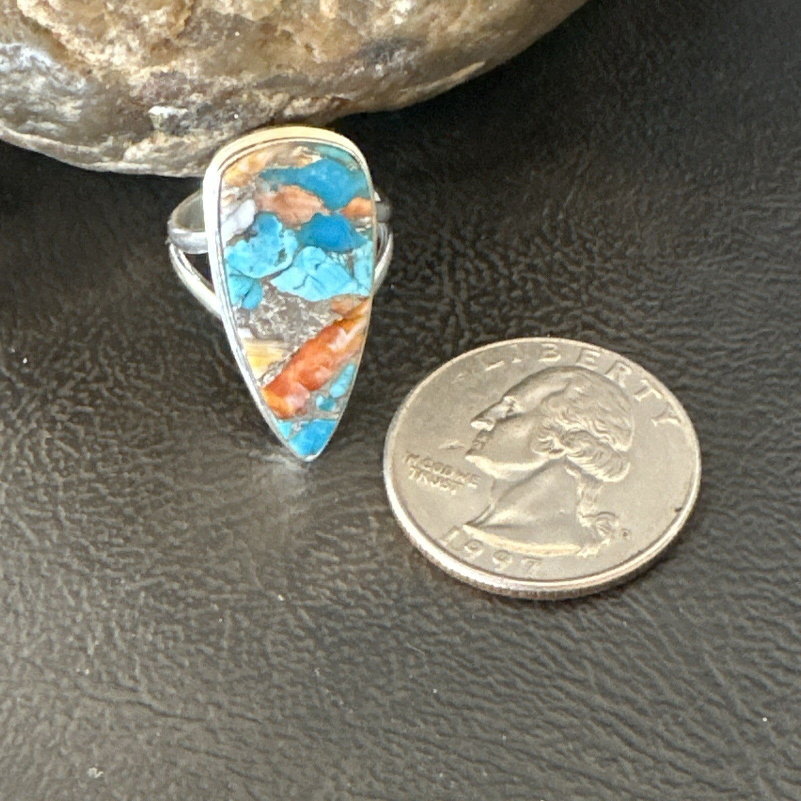 Blue Turquoise Spiny Oyster Southwestern Sterling Silver Ring Size 5 18501