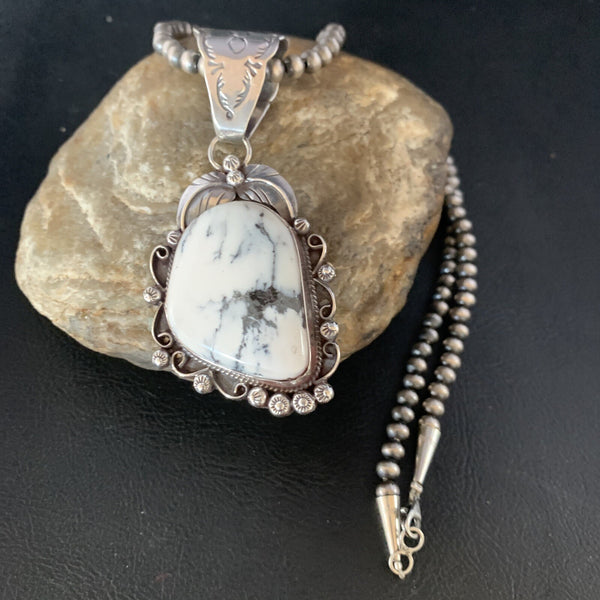 White Buffalo Turquoise Pendant Necklace Navajo | Sterling Silver | Authentic Native American Handmade | 13993