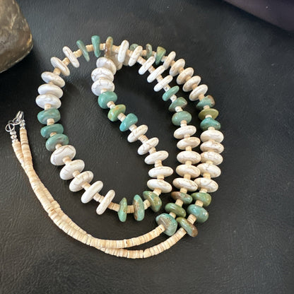 Green Royston Turquoise Shell Santo Domingo Sterling Silver Necklace 29” 19681