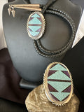 Navajo Men's BoloTie Belt Buckle Ranger Blue Turquoise | Sterling Silver | Authentic Native American Handmade | 19156