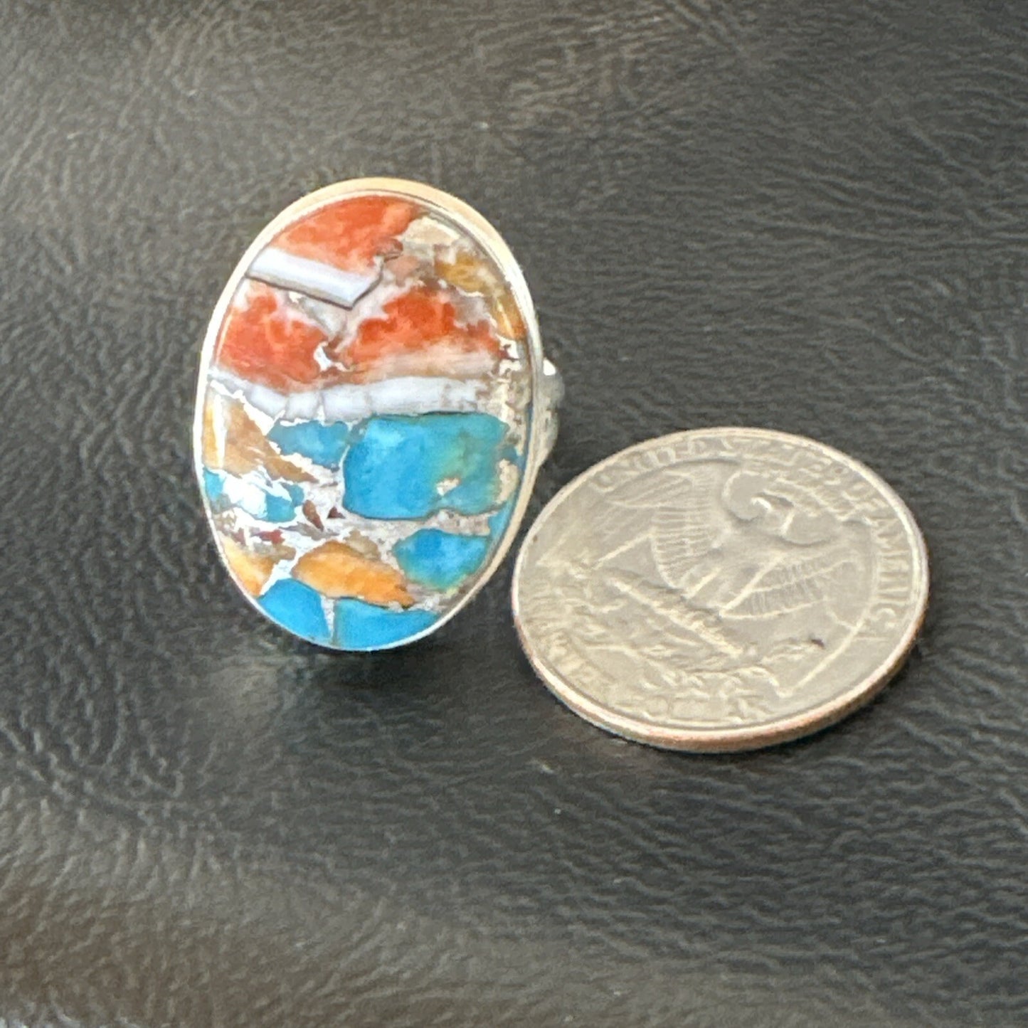Blue Turquoise Spiny Oyster Southwestern Sterling Silver Ring Size 9 18461