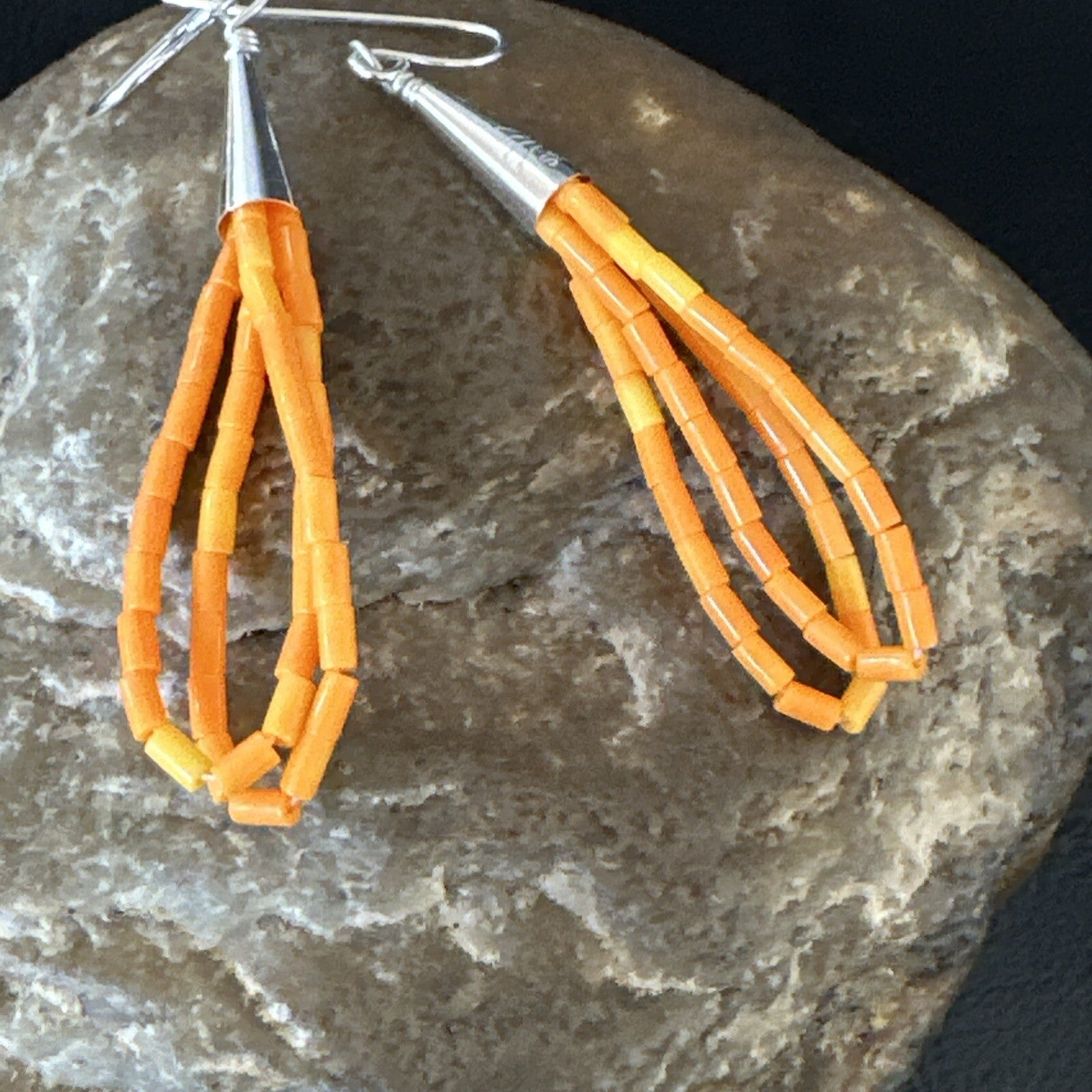 Orange Beads 2 Strands Heishi Liquid Sterling Silver Dangle Earrings 2" 18178