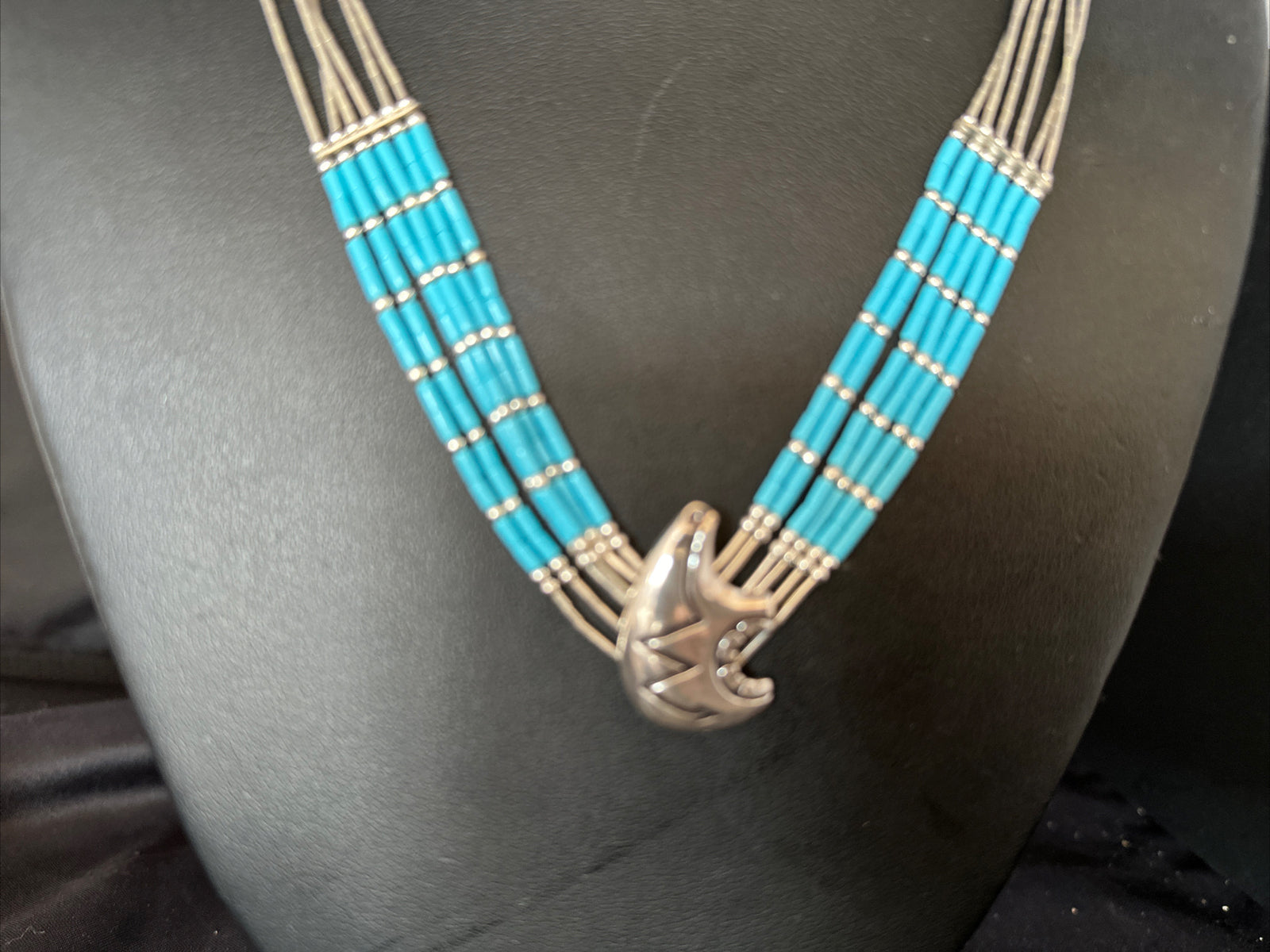 Bear Pendant Turquoise 5 Strand Heishi Liquid Sterling Silver Necklace 14822