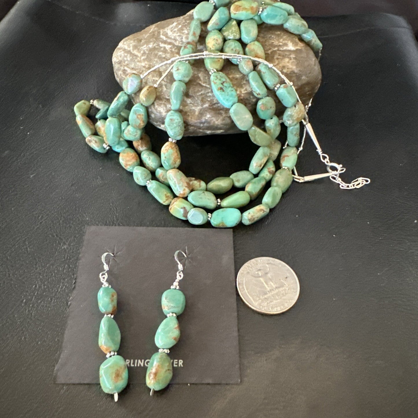 Green Turquoise Heishi 3S Navajo Sterling Silver 22" Necklace Earrings 18569