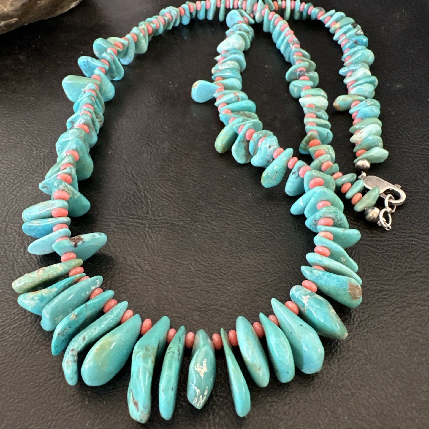 Mens Women Navajo Blue Turquoise Pink Coral Necklace Sterling Silver 28” 19746