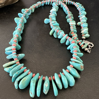 Mens Women Navajo Blue Turquoise Pink Coral Necklace Sterling Silver 28” 19746