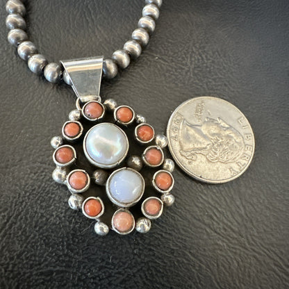 Pink Coral White Pearl Navajo Sterling Silver Cluster Pendant 1.5” 18402