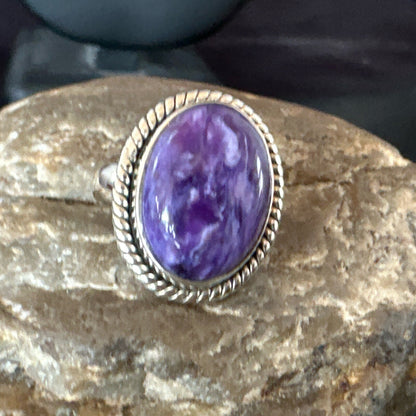 Womens Purple Charoite Navajo Sterling Silver Oval Ring Adjustable Size 9 17245