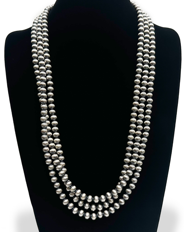 8mm Navajo Pearls 80"Single Strand Necklace | Sterling Silver | Authentic Native American Handmade