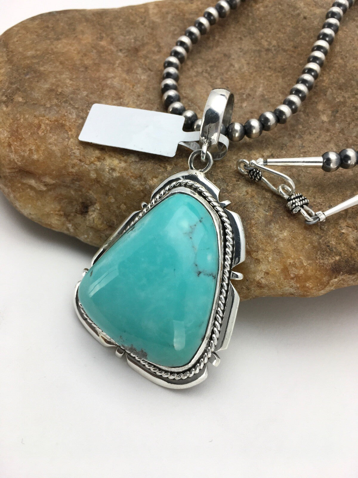 Mens Blue Turquoise Pendant Navajo Pearls Sterling Silver Necklace 03915