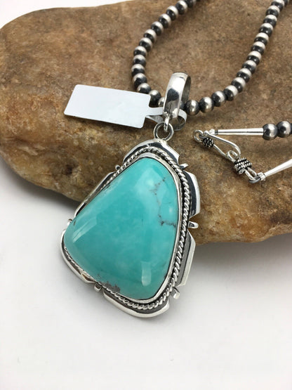 Mens Blue Turquoise Pendant Navajo Pearls Sterling Silver Necklace 03915