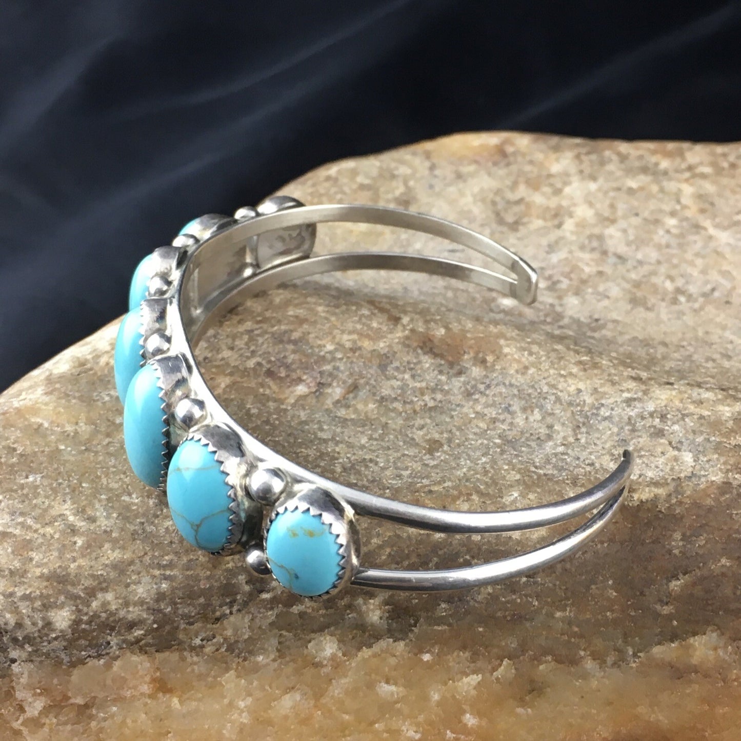 Native Mens Navajo Sterling Silver Kingman Turquoise Bracelet 7 Stone 10244