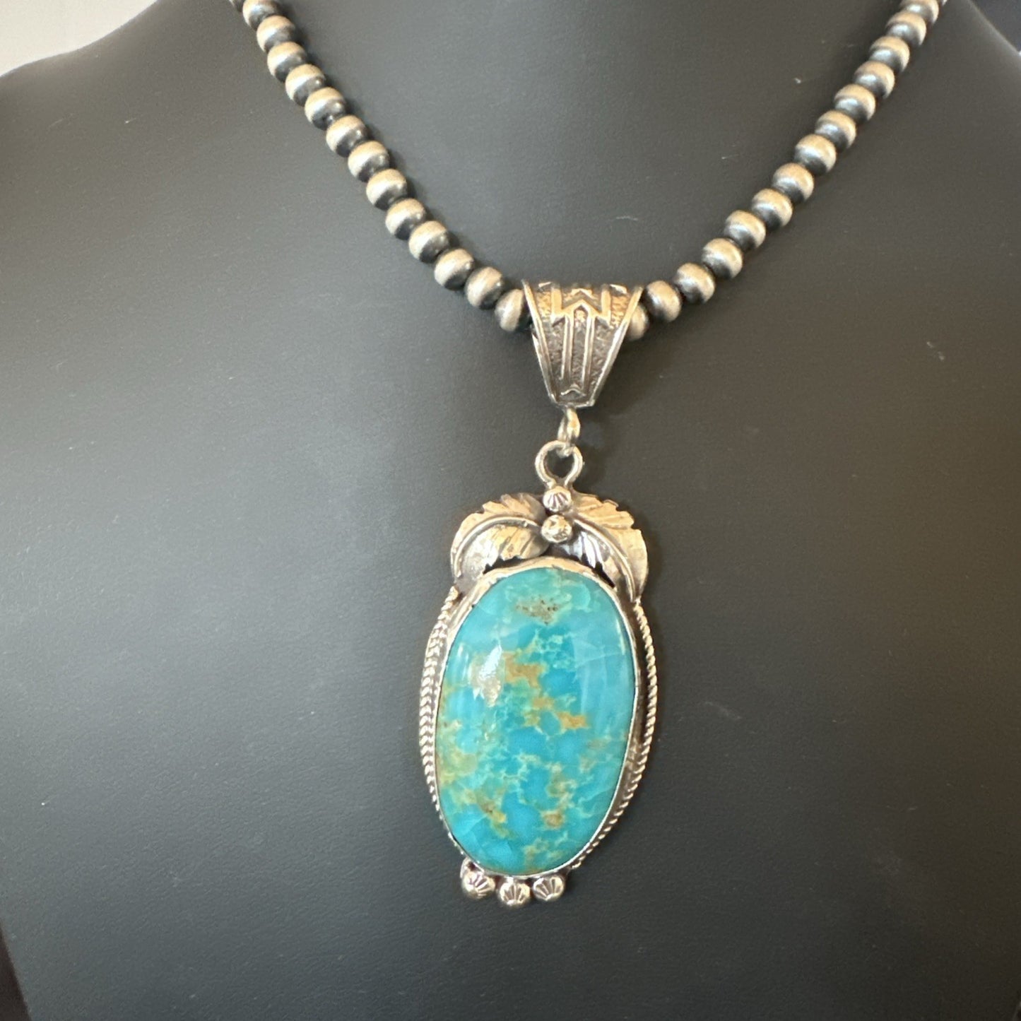 Mens Blue Kingman Turquoise Pendant Navajo Pearls Sterling Silver Necklace 19344