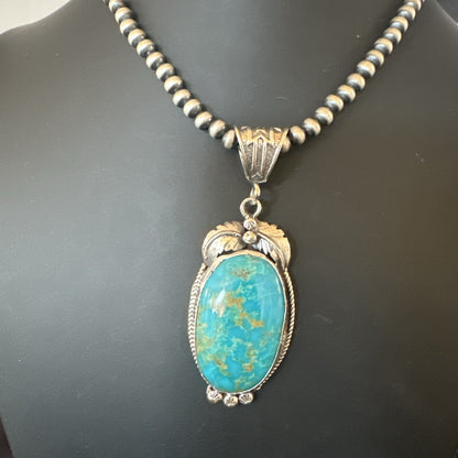 Mens Blue Kingman Turquoise Pendant Navajo Pearls Sterling Silver Necklace 19344