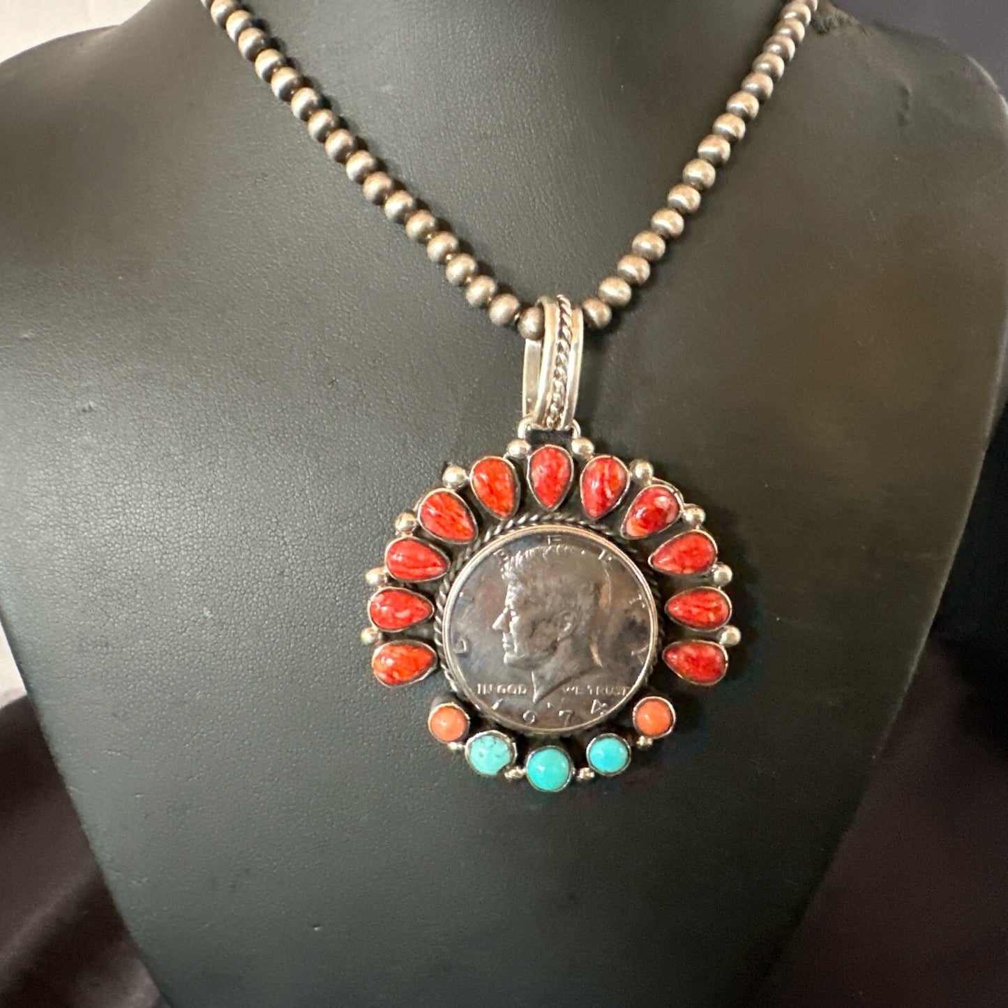 Coin Pendant Red Spiny Oyster Turquoise Navajo Sterling Silver Necklace 17924