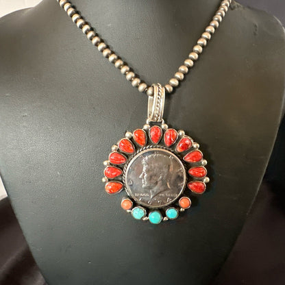 Coin Pendant Red Spiny Oyster Turquoise Navajo Sterling Silver Necklace 17924