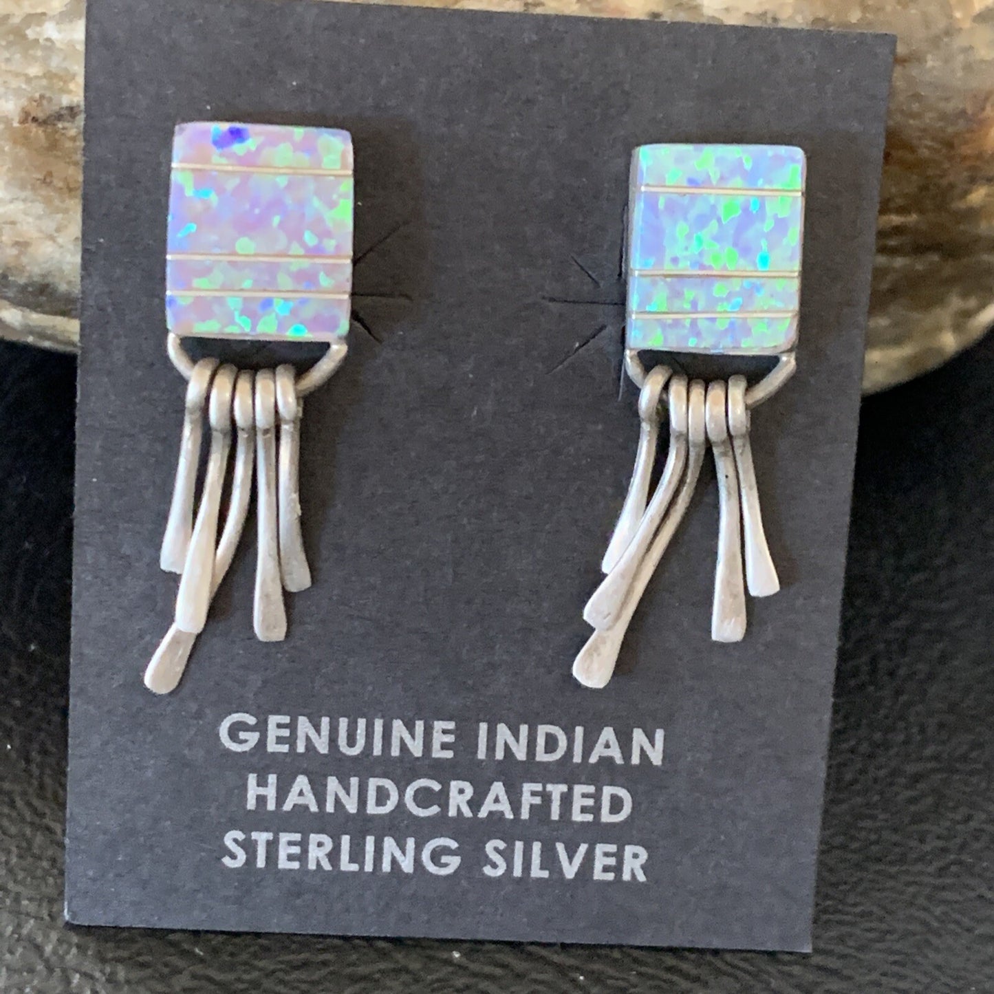 Blue Opal Inlay Navajo Sterling Silver Dangle Post Earrings 0.5" 12754
