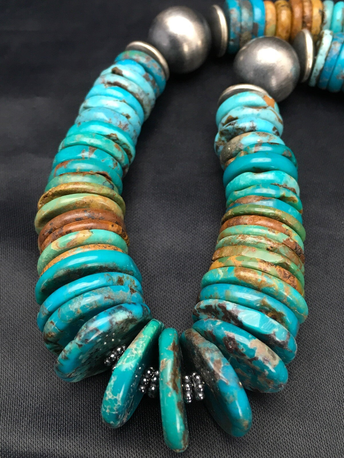Blue Green Turquoise Navajo Sterling Silver Beads Necklace 02607