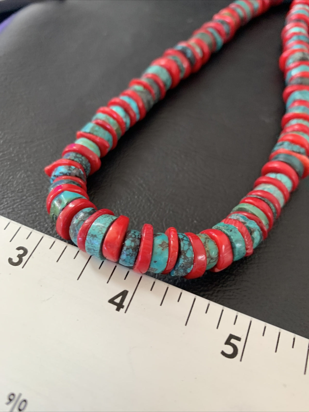 Mens Turquoise & Coral Heishi Navajo Sterling Silver Necklace 22” 14689