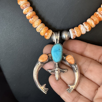Blue Turquoise & Spiny Oyster Naja Pendant Navajo Sterling Silver Necklace 14811