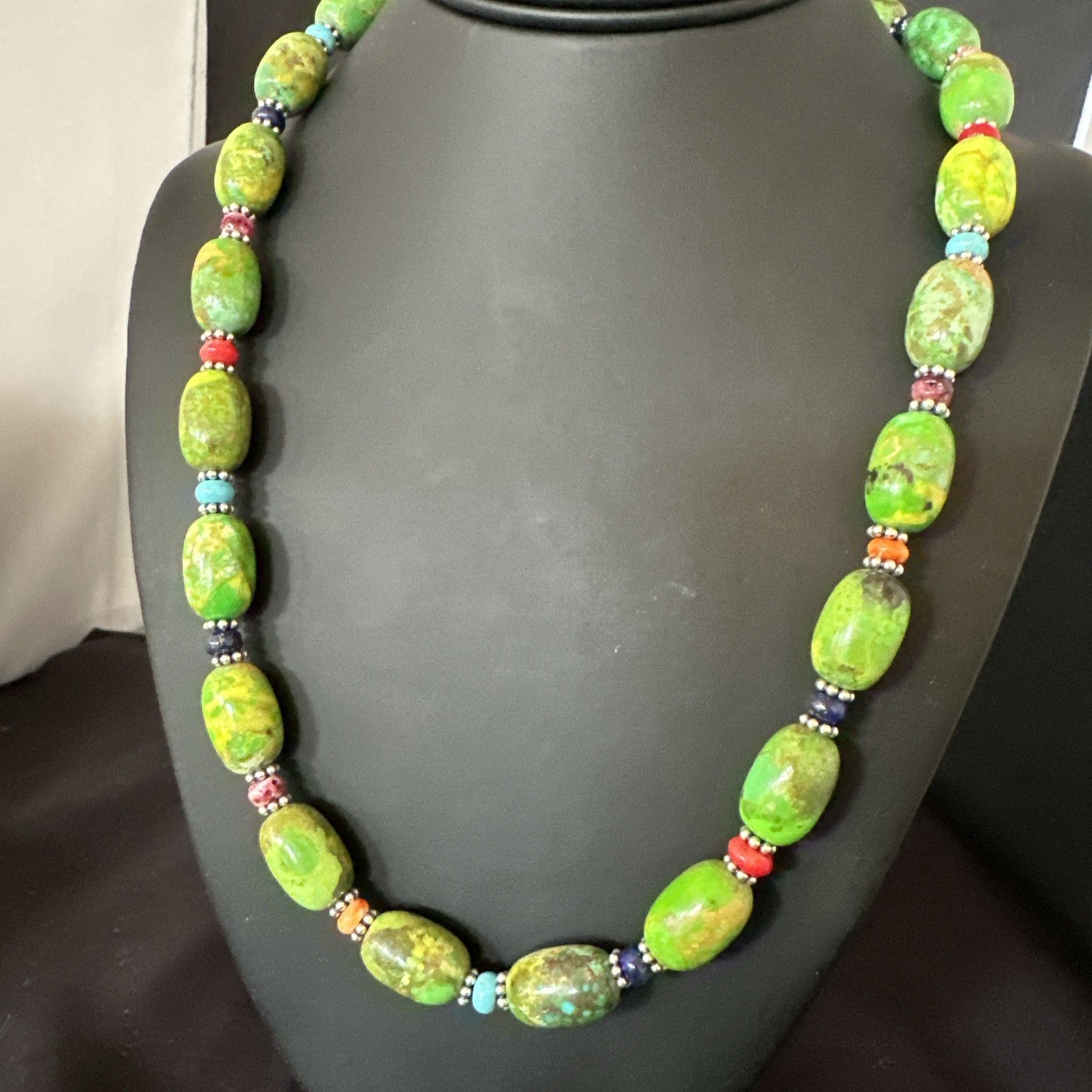 Green Turquoise Multicolor Southwestern Sterling Silver Necklace 22" 19247