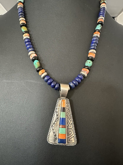 Multicolor Inlay Lapis Pendant Navajo Sterling Silver Necklace 22” 19467