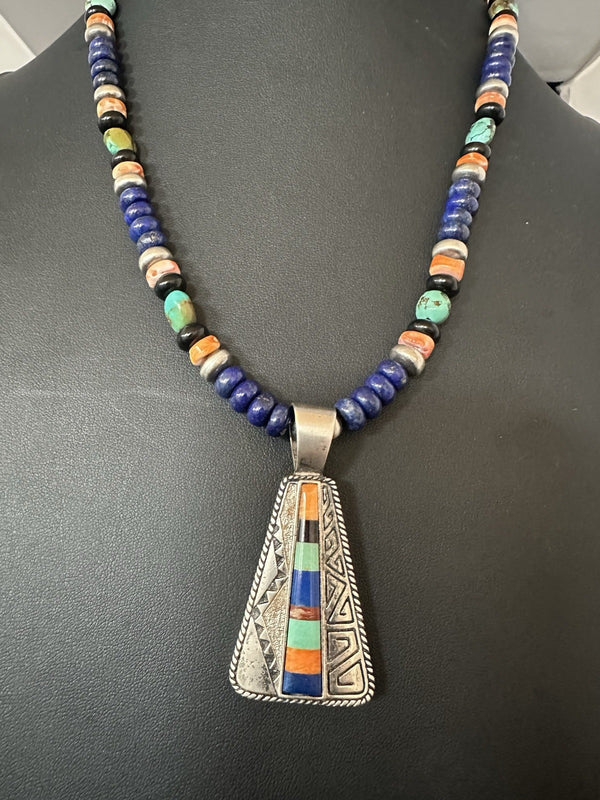 Multicolor Inlay Lapis Pendant Navajo Necklace 22" | Sterling Silver | Authentic Native American Handmade | 19467