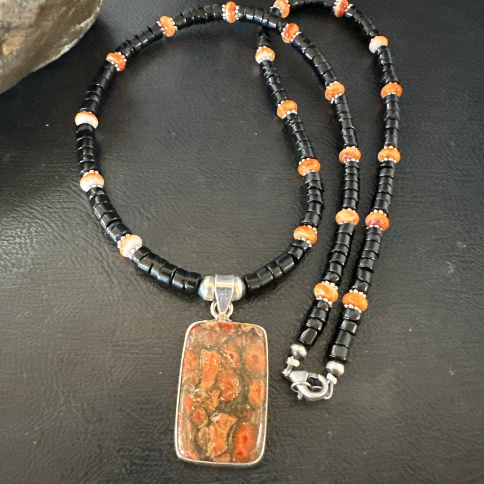 Orange Spiny Black Onyx Navajo Sterling Silver Pendant Necklace 20” 19637