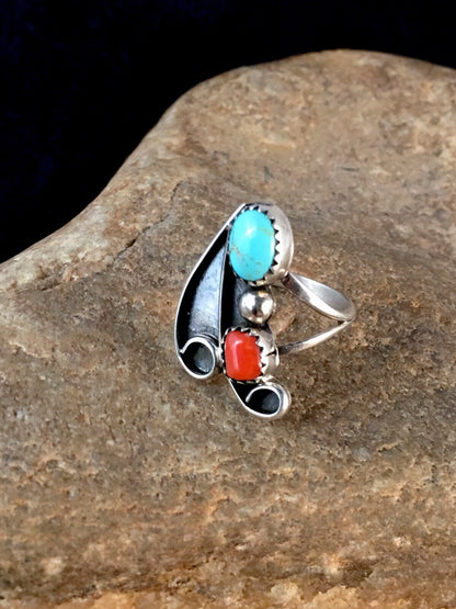 Mens Turquoise & Coral Navajo Sterling Silver Ring Size 6.5 08714