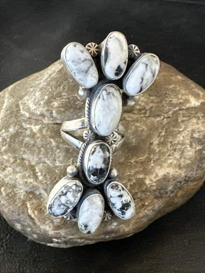 White Buffalo Turquoise Navajo Sterling Silver Cluster Ring Size 6.5 18623