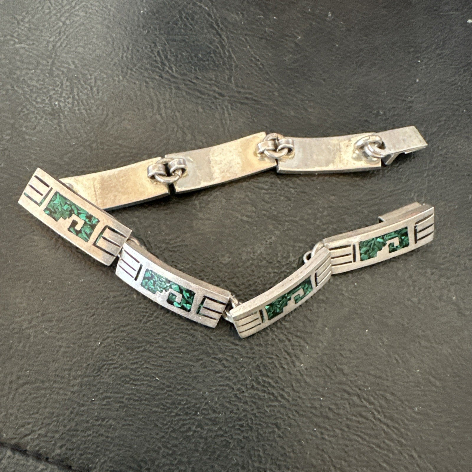 Taxco Turquoise Chip Inlay Sterling Silver Choker Old Pawn Bracelet 7” 19795