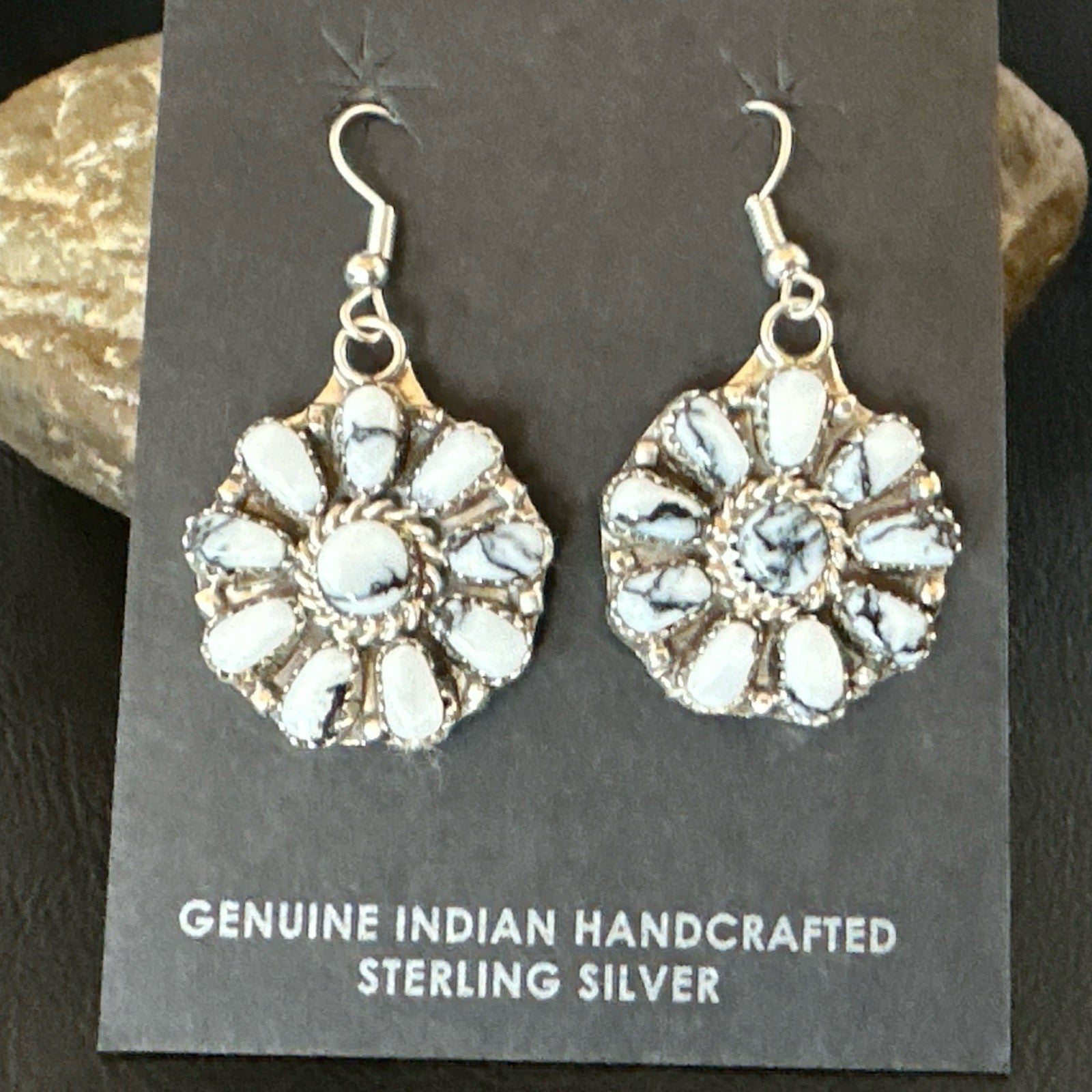 Womens Cluster White Buffalo Navajo Sterling Silver Dangle Earrings 19092