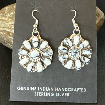 Womens Cluster White Buffalo Navajo Sterling Silver Dangle Earrings 19092
