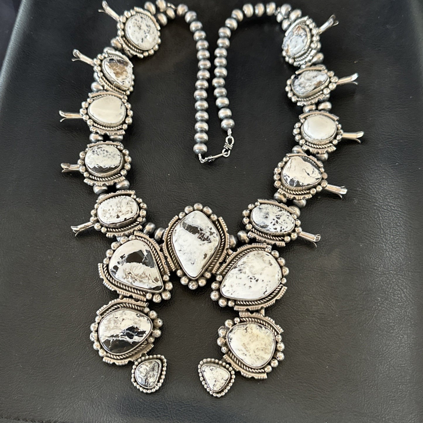 White Buffalo Turquoise Pendant Navajo Sterling Silver Squash Necklace 19305