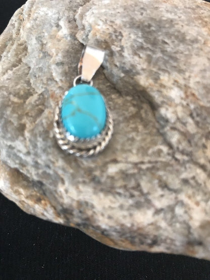 Blue Turquoise Navajo Sterling Silver Native American Pendant 1" 03162
