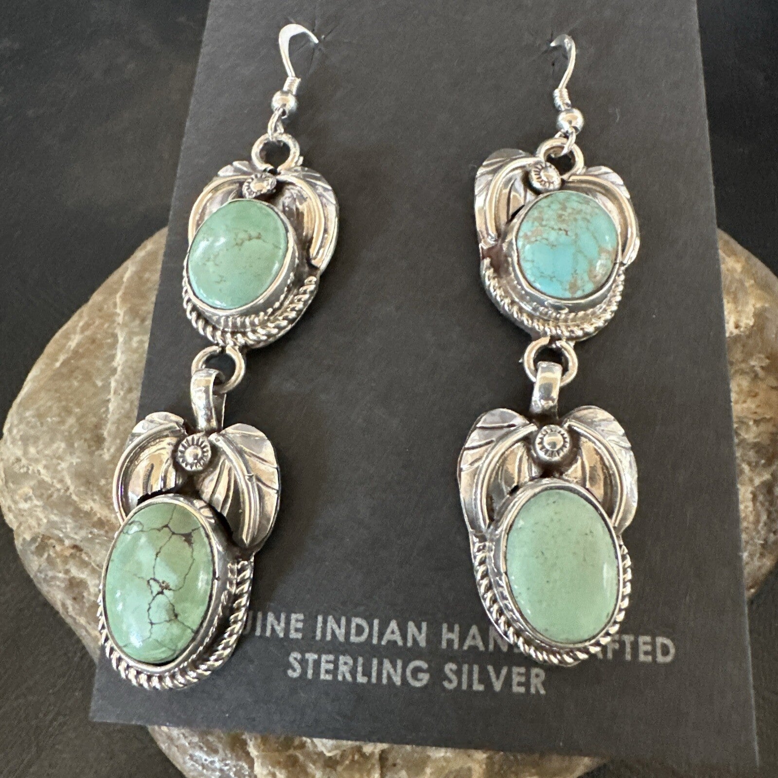 Native Navajo Blue Green Turquoise Sterling Silver Dangle Earrings 2” 17917