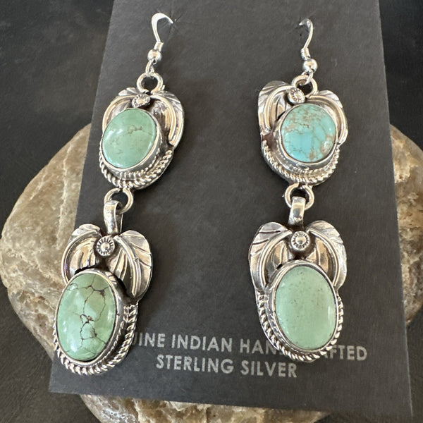 Navajo Blue Green Turquoise Dangle Earrings 2" | Sterling Silver | Authentic Native American Handmade | 17917