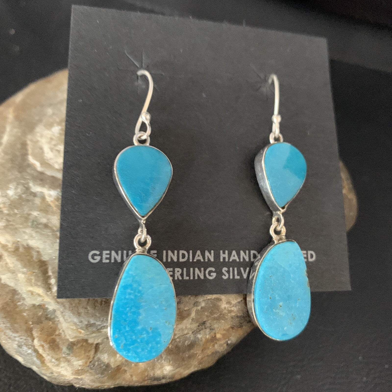 Kingman Turquoise Navajo Sterling Silver Dangle Earrings 1.5" 14105