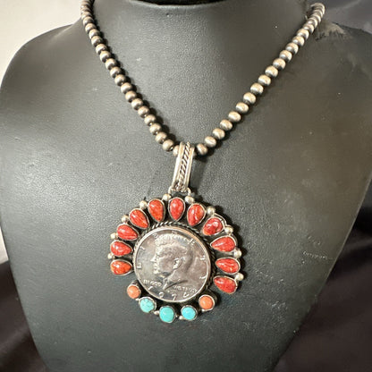 Coin Pendant Red Spiny Oyster Turquoise Navajo Sterling Silver Necklace 17924