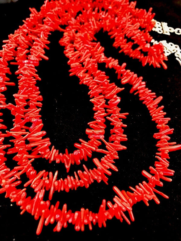 Navajo 3S Red Natural Branch Coral Necklace | Sterling Silver | Authentic Native American Handmade | 17709