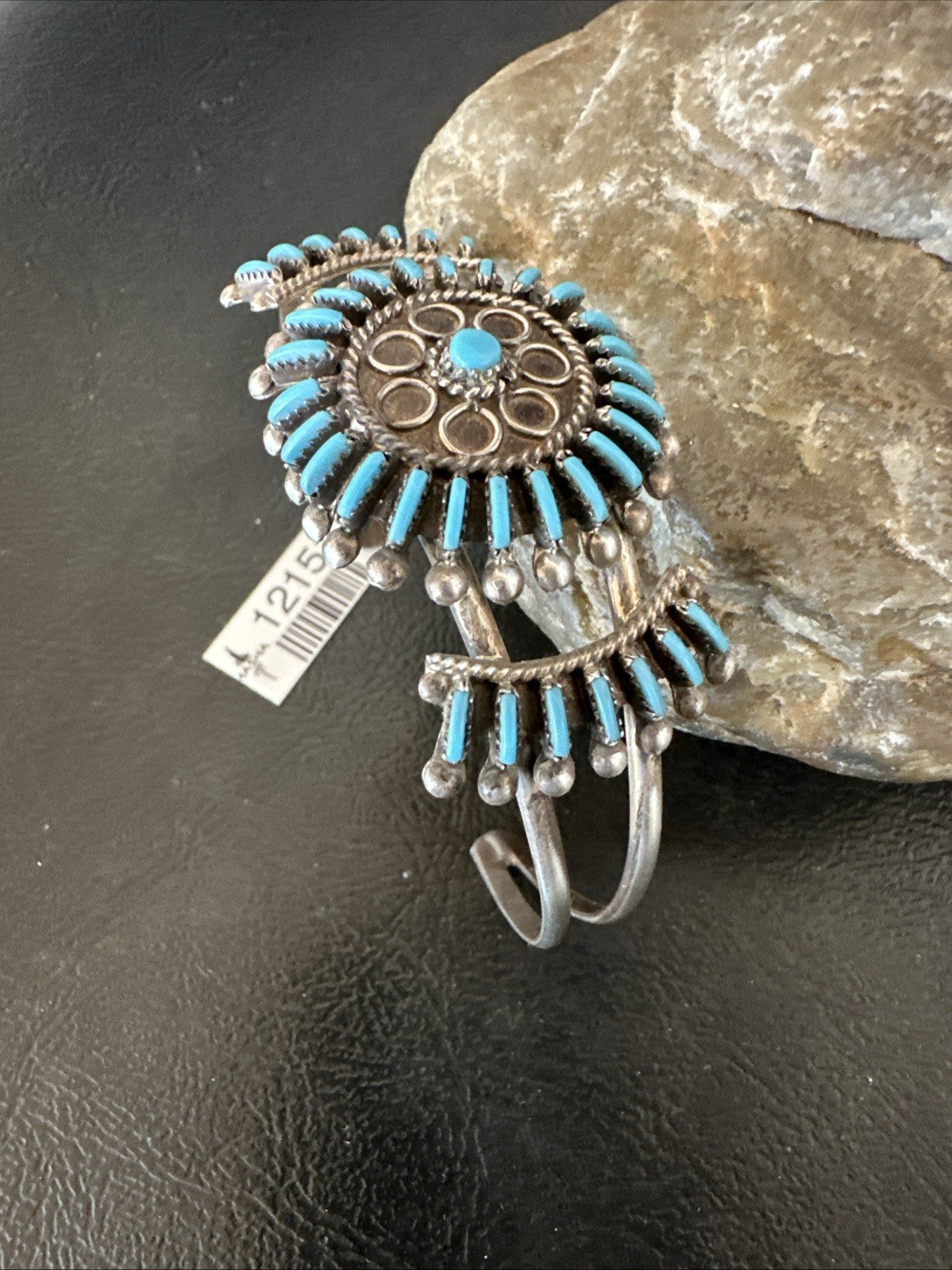 Blue Turquoise Native American Zuni Sterling Silver Cluster Cuff Bracelet 12151