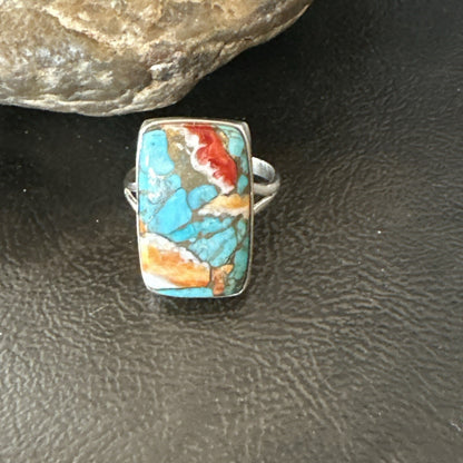 Blue Turquoise Spiny Oyster Southwestern Sterling Silver Ring Size 9 18467
