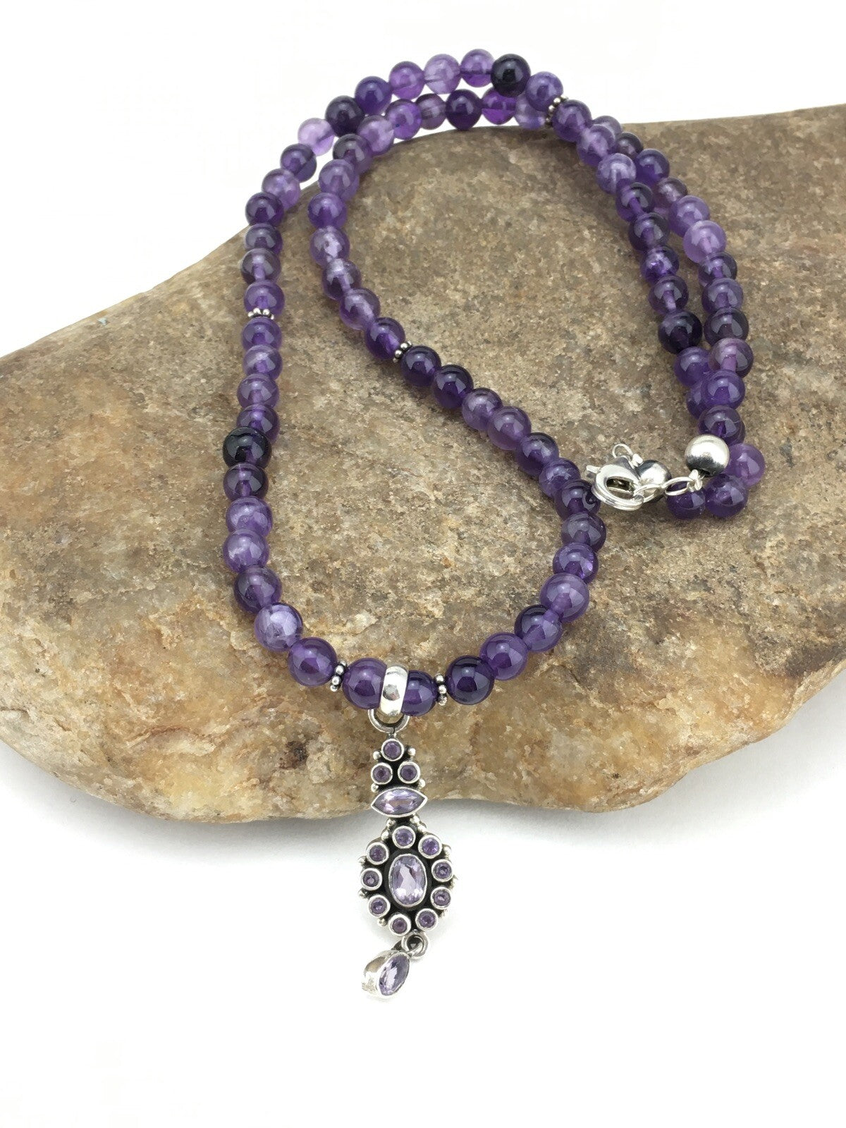 Amethyst Pendant Southwesten Navajo Sterling Silver Beads Necklace 19" 04914