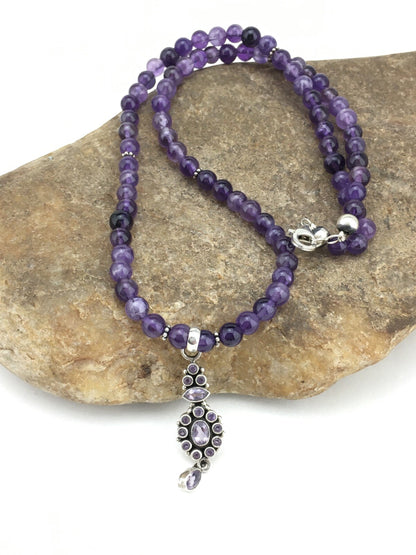 Amethyst Pendant Southwesten Navajo Sterling Silver Beads Necklace 19" 04914
