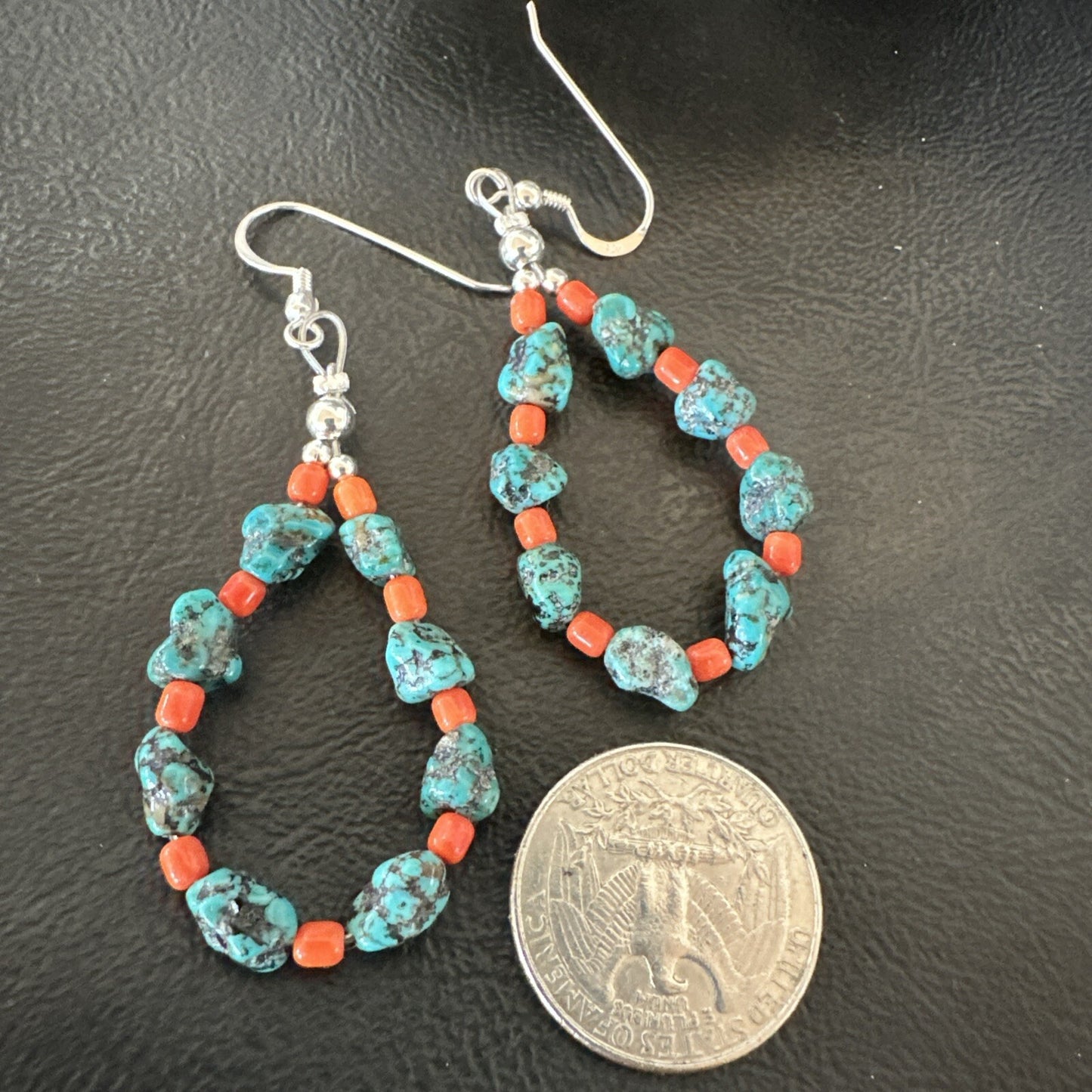 Blue Kingman Nugget Turquoise Coral Navajo Sterling Silver Earrings 2” 18836