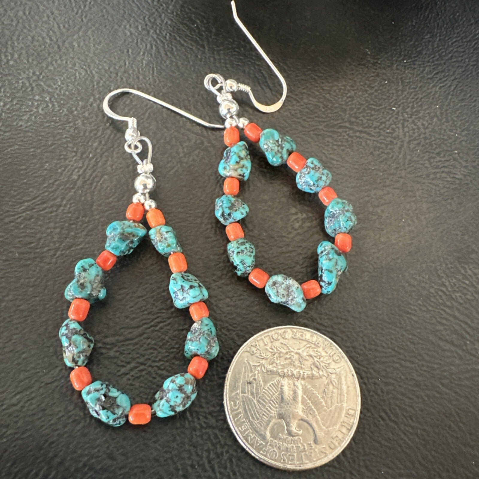 Blue Kingman Nugget Turquoise Coral Navajo Sterling Silver Earrings 2” 18836
